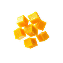 Refreshing diced mango pieces brightly scattered on transparent background
