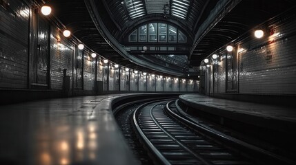 Subway tunnel with curved tracks and glowing lights creates a sense of depth and mystery