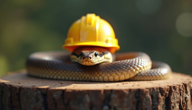 Snake wearing yellow hard hat rests coiled on wooden log surface. Reptile features intricate scales, suggesting construction safety awareness. Natural wildlife setting with blurred green background.