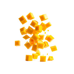 Vibrant mango cubes, suspended, floating in air, delicious, on transparent background