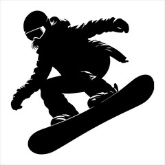 Black silhouette of a snowboarder in white background