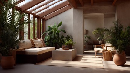 Elegant cozy indoor space with natural light and lush greenery inviting relaxation and tranquility