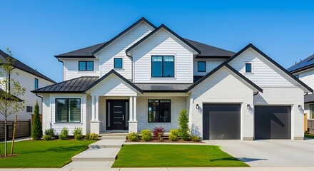 Obraz premium A view of a modern white two story house with black trim and a green lawn on a sunny day outside home