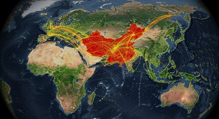 Global Trade Routes: A Gigapixel Visualization of China's Economic Influence - Global trade, economic connections, China's influence, worldwide distribution, international commerce.
