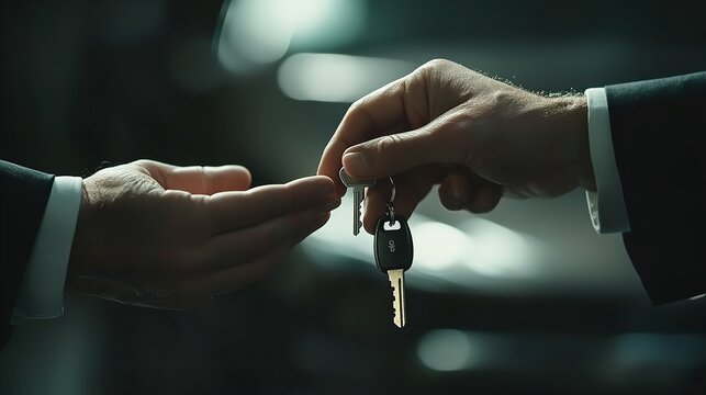 Car keys handover concept for new car purchase or rental agreement with business professional hands 100 silhouette