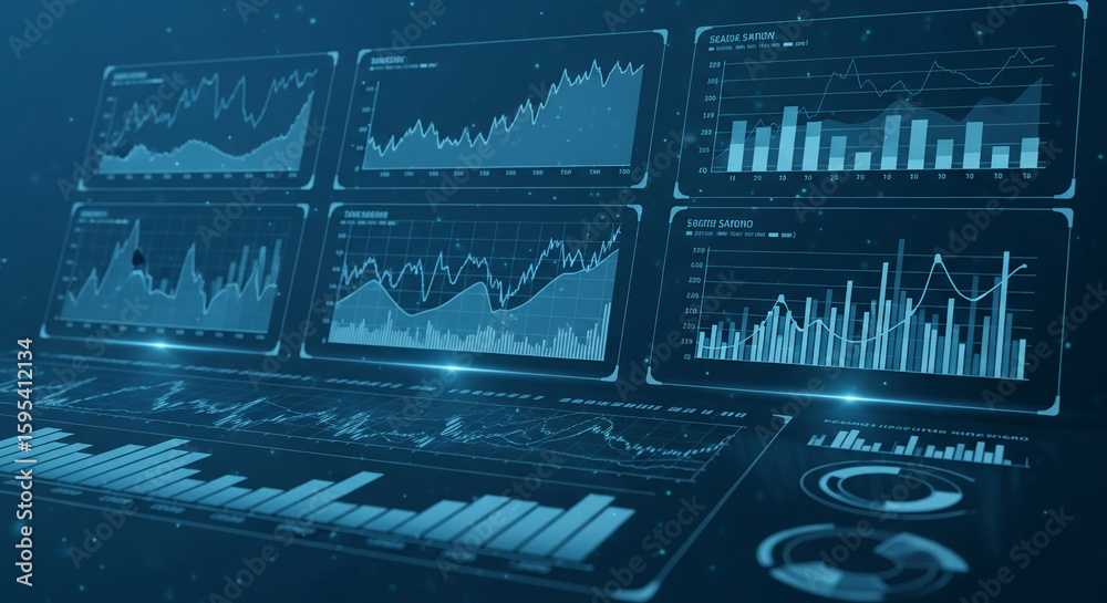 Poster multiple digital screens display various line and bar graphs, presenting financial data analysis in 