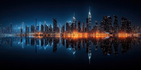 Vibrant city skyline at night reflecting on serene water surface