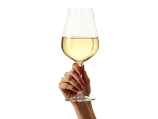 Female hand holding a glass of white wine isolated on transparent background