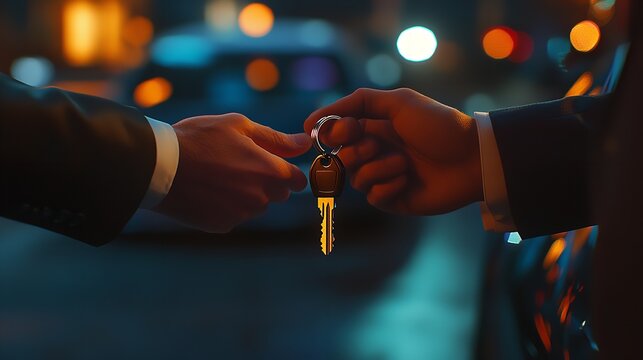 Car keys handover concept new car purchase car rental car dealership or valet service at night scene silhouette - Powered by Adobe