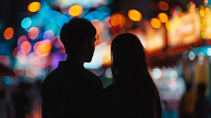 Mysterious couple in the city at night silhouette blurry bokeh background 