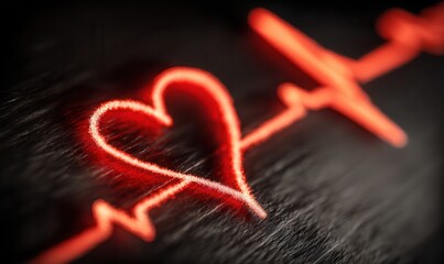 Red heart symbol on electrocardiogram line representing heart health and heart attack awareness