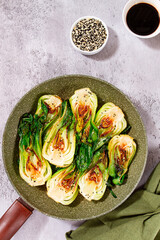 Pan-fried Bok choy, with sesame seeds and spices, homemade, no people,