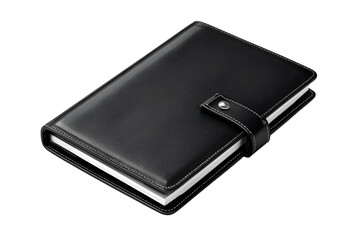 Classic Black Leather Notebook with Elastic Strap and Rounded Corners, Top View, Isolated on Transparent Background