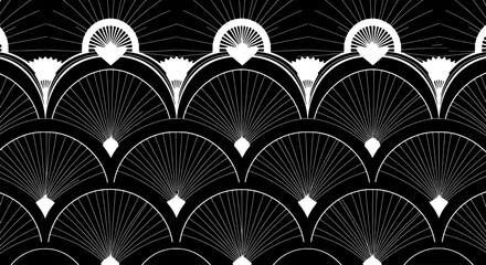 Art Deco Pattern: A detailed seamless black and white Art Deco pattern, capturing the essence of the roaring twenties with its geometric elegance, radial symmetry, and stylized motifs. 