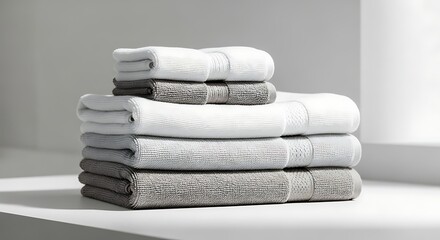 Stack of neatly folded, soft and plush towels in a minimalist bathroom setting displaying comfort