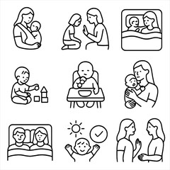 Outline Parenting Icons. Outline style icons of parenting styles: attachment parenting, gentle discipline, co-sleeping icon,