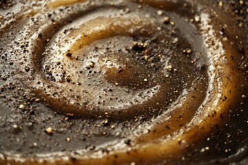 Golden swirl of glitter particles forming a vortex with sparkling effect on dark surface