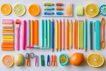 Colorful assortment of stationery items and fruits neatly arranged on a pastel background