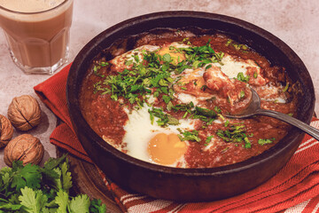 chirbuli, scrambled eggs with tomatoes, Georgian dish, homemade, breakfast, no people,