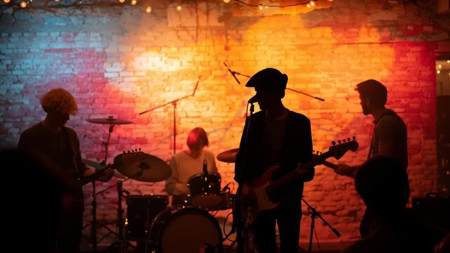 Band Performing on Stage with Colored Lights