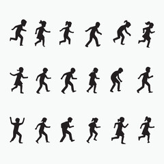 Cartoon Walking Men Silhouettes – Minimalist Stick Figure Walking Poses and Black & White Vector Illustrations