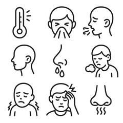 Flu Symptoms Icons. Outline style icons of Common Flu Symptoms: fever thermometer, sneezing face, coughing head, sore throat,