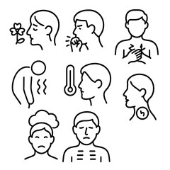 COVID-19 Symptom Icons. Outline style icons of COVID-19 Symptoms: loss of smell icon, dry cough, chest pain, fatigue wave,