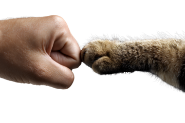 Cat Paw and Human Fist Bump in Unity Gesture, Side View on Dark Background, Transparent PNG