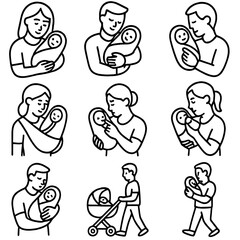 Swaddled Baby Icons. Outline style icons of Parent with Swaddled Baby: mom holding wrapped baby, dad rocking swaddled infant,