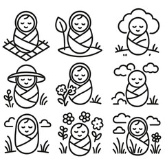Swaddled Baby Outdoors. Outline style icons of Swaddled Baby in Nature: wrapped baby on picnic blanket, baby with leaf and blanket