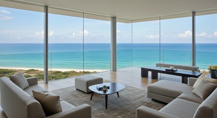 Obraz premium Ocean View Living Room Luxury - Modern living room with stunning ocean views, showcasing luxurious furniture and a tranquil atmosphere