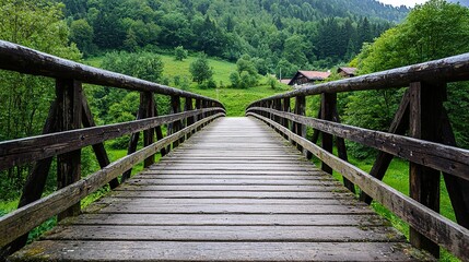 Obraz premium Traditional wooden bridge in a peaceful rural setting, rustic, charming,