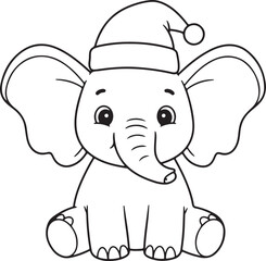 Christmas cartoon elephant with Santa hat, big ears, sitting pose, outlined illustration for children,
