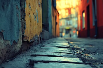 Fototapeta premium Narrow wet alley in old town with warm yellow lighting and reflections on pavement
