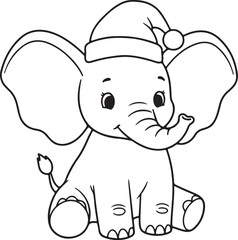 Fototapeta premium Christmas cartoon elephant with Santa hat, big ears, sitting pose, outlined illustration for children,