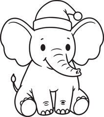 Christmas cartoon elephant with Santa hat, big ears, sitting pose, outlined illustration for children,