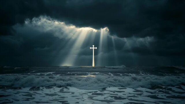 Cross illuminated by light rays in stormy ocean
