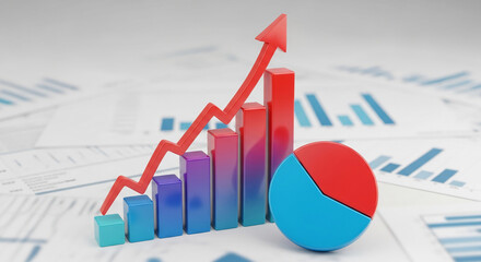 3D bar chart and pie chart showing upward trend, symbolizing growth, success, and progress in business analytics