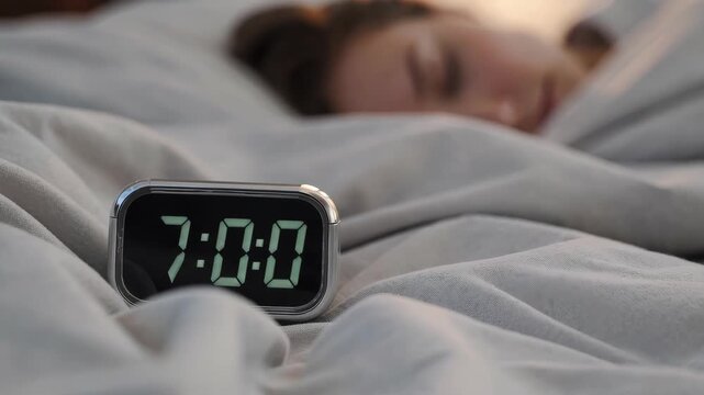 Peaceful morning moment with alarm clock showing 7 AM and young woman sleeping under soft white blanket, cozy interior lifestyle concept