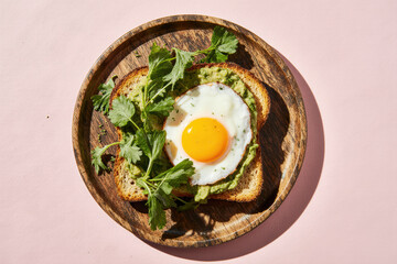 Fried egg and greens on avocado toast.