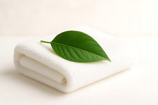 Soft white cotton towel with green leaf spa wellness concept for relaxation and hygiene care 100 on transparent background