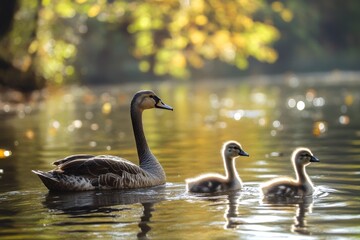 Fototapeta premium Black swan swimming in lake with two cygnets on a sunny day