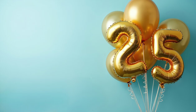 Shiny gold balloons spelling out number 25 float against light blue backdrop. Perfect for birthday celebrations, anniversaries, milestone event needing touch of festive elegance, golden glamour.