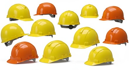 Safety Helmets Collection - A group of yellow and orange safety helmets arranged on a white background. Ideal for construction, industrial, and safety related projects