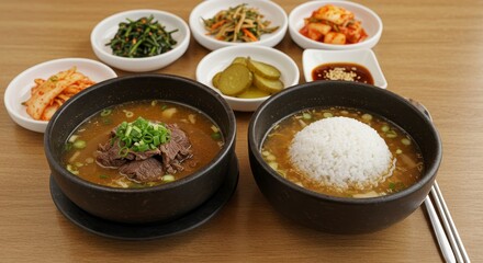 Savory Beef Broth Soup with Rice and Sides - A comforting bowl of beef broth soup, served with fluffy rice and an array of delicious side dishes.