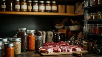 Explore a vibrant artisan butcher shop featuring a diverse selection of raw meats, condiments, bone broth jars, and culinary spices.