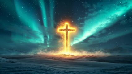 Golden Cross Under Aurora Borealis - Powered by Adobe