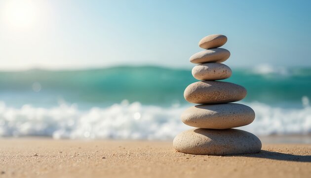 Stacked pebbles create sense of calm, serenity beside ocean waves on sandy beach. Image harmony, mindfulness, peaceful balance. Experience nature simple beauty, coastal retreat embodying Zen