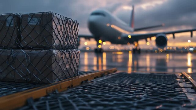Cargo netting tightly secures stacked crates on a tracked system, heading toward an open plane hatch at a bustling airport.