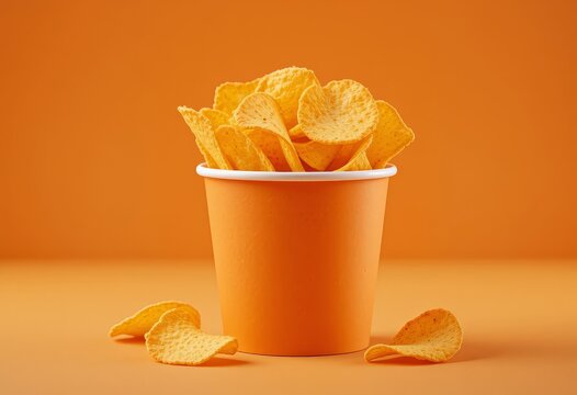 Crispy potato chips in orange paper cup with blue background for snack and food advertising concept